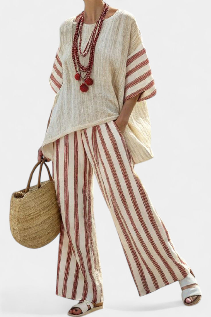 Classic Casual Striped Shirt & Beige Linen Trousers - Olytrend