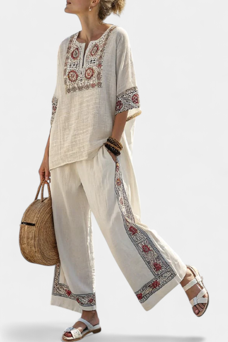 Elegant Lace Trimmed Top & Flowy Pants - Olytrend