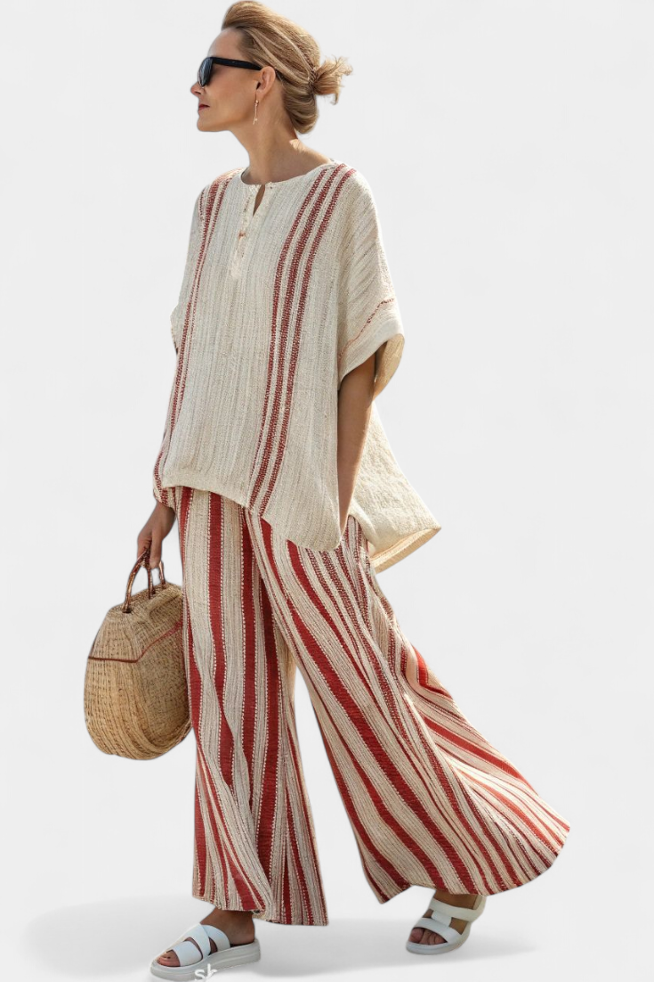 Elegant Striped Blouse and Linen Trousers Set
