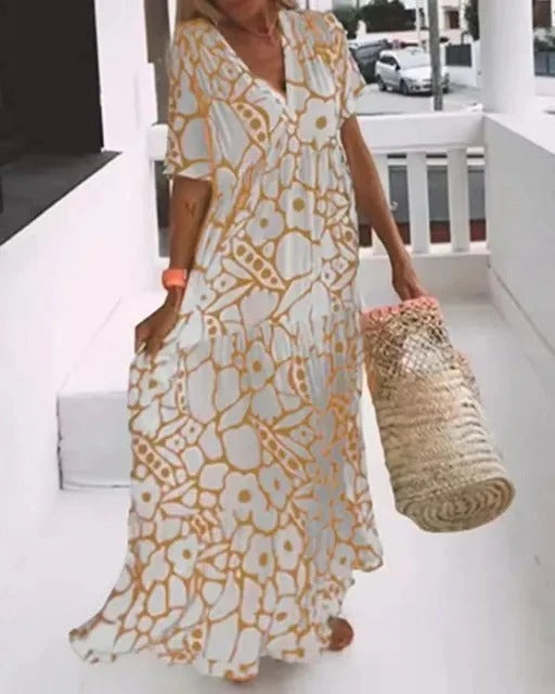 Pretty Printed Summer Dress with Cap Sleeves - Pexav
