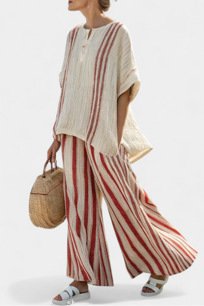 Elegant Striped Blouse and Linen Trousers Set - Olytrend