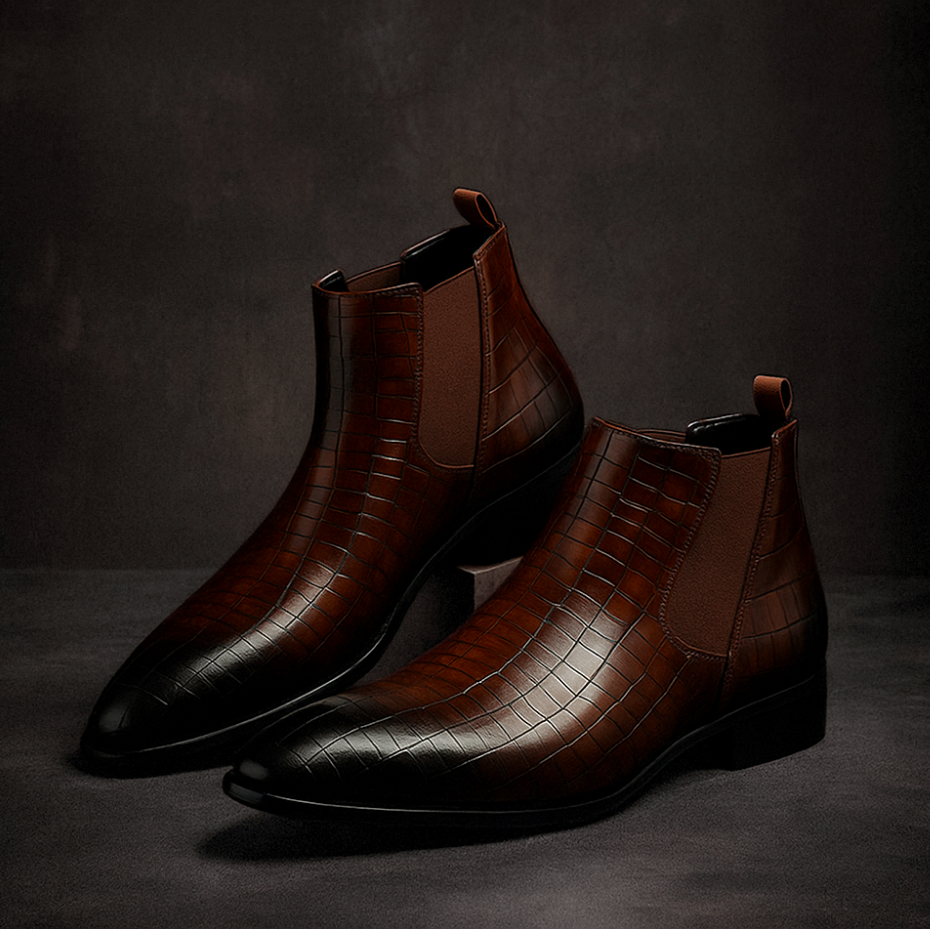 Sleek Leather Crocodile Boots for Men - Classic Comfortable Style