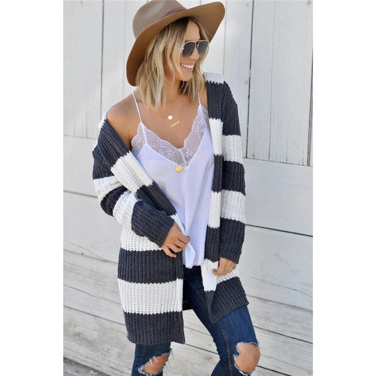 Cozy Women's Open Front Striped Cardigan Sweater - Nocini