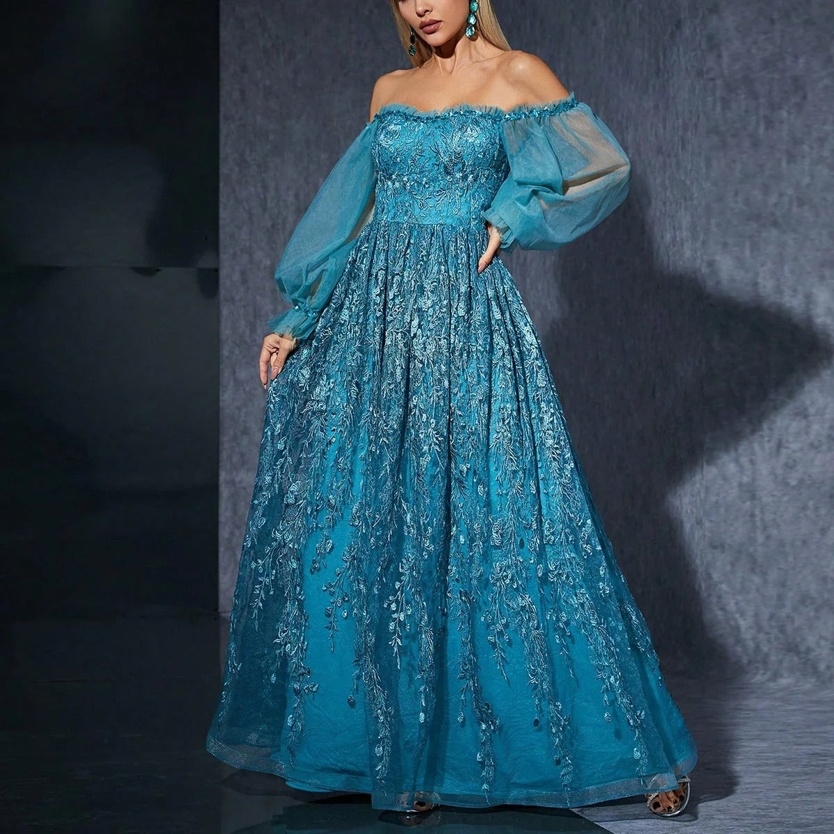 Elegant Off Shoulder Lace Evening Gown for Women - Nocini