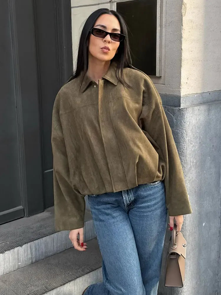 Casual Women's Suede Jacket with Shirt Collar - Nocini