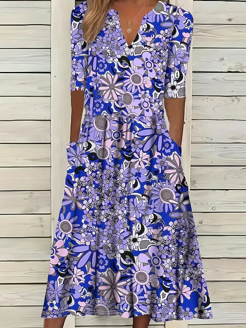 Comfortable Floral V-Neck Maxi Dress with Pockets