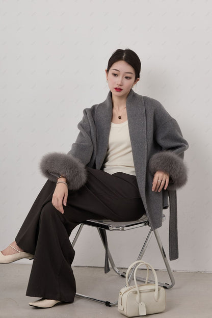 Warm Short Women's Wool Coat with Belt and Fur Trim - Nocini