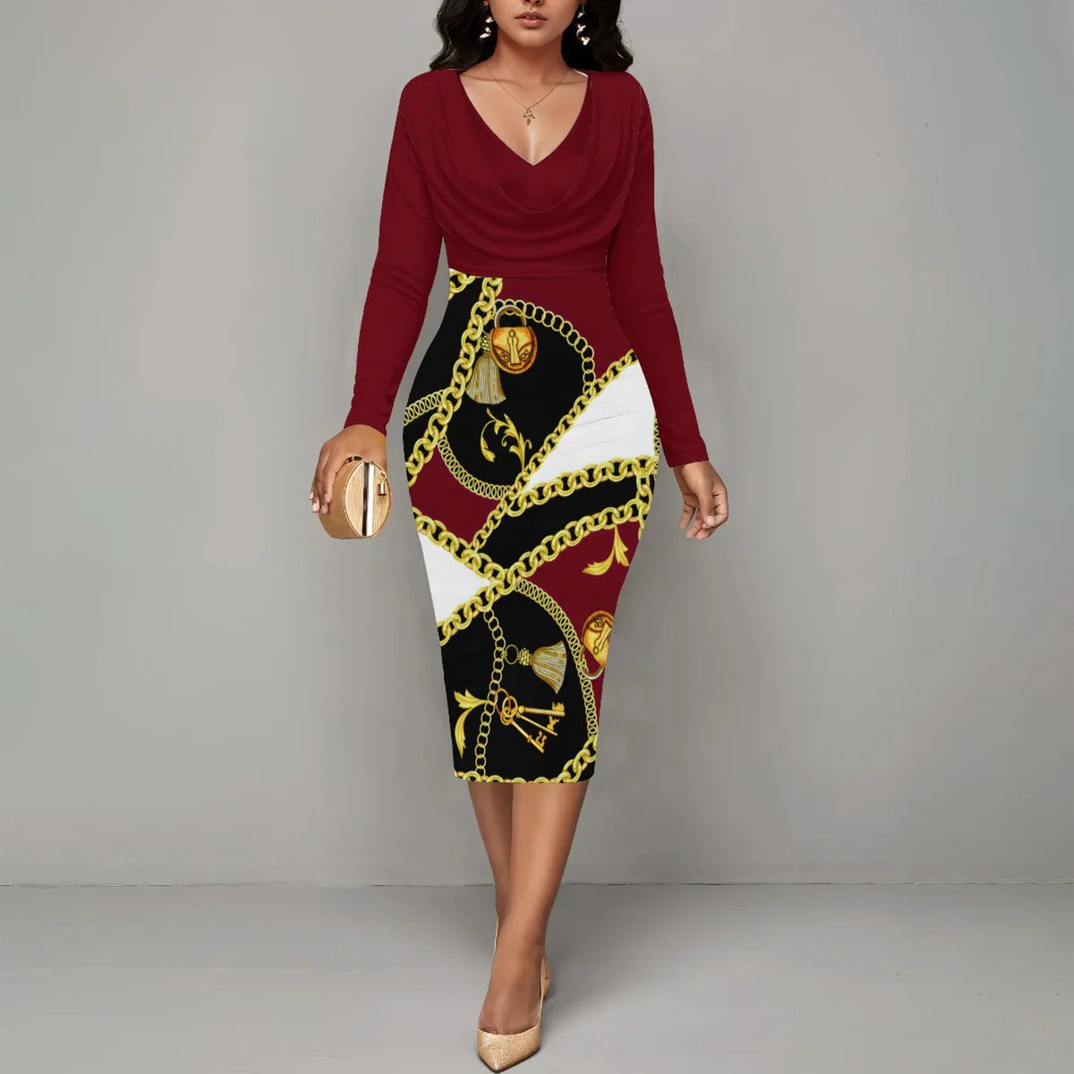 Women's Chain Print Midi Dress with Long Sleeves - Nocini