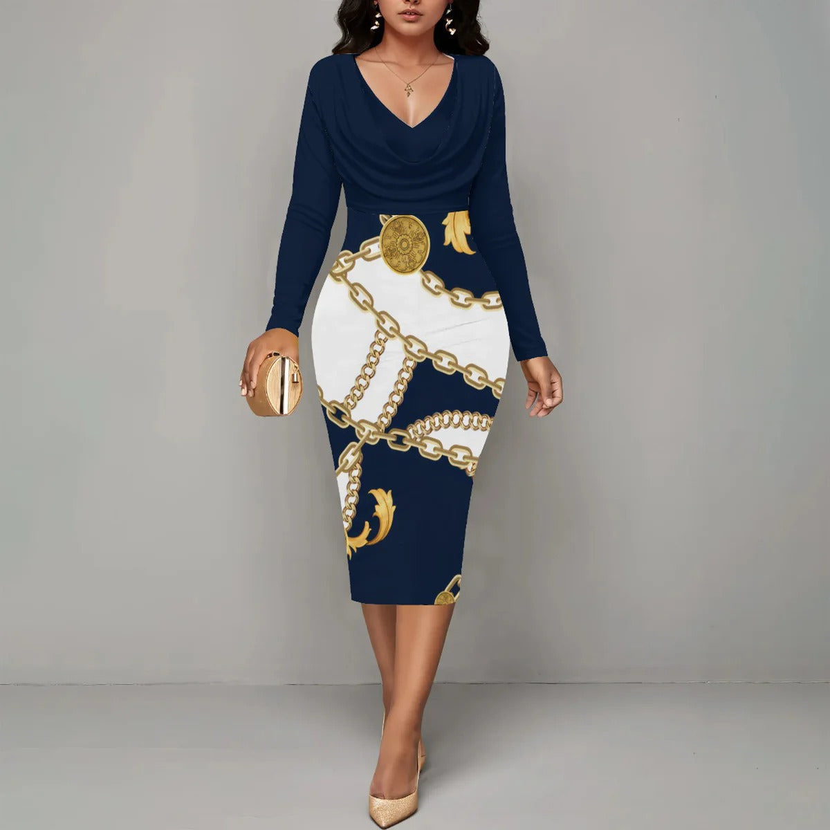 Women's Chain Print Midi Dress with Long Sleeves