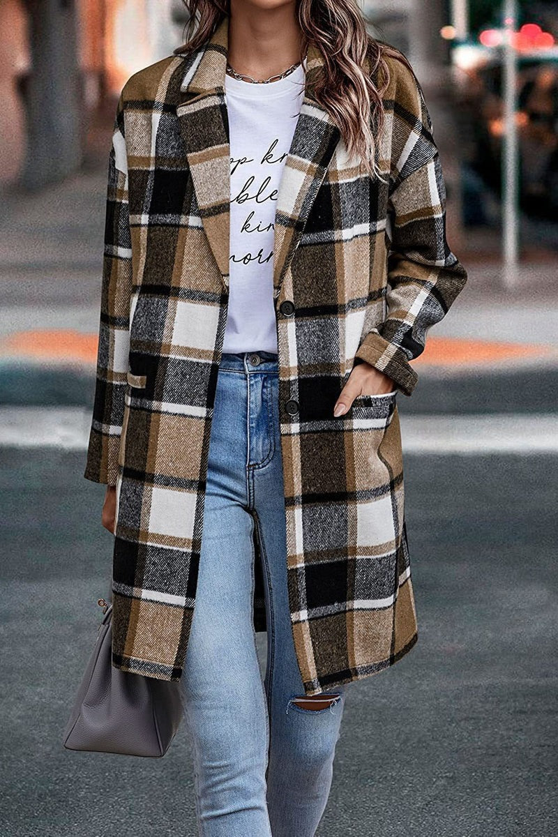 Ladies Plaid Wool Coat with Button Front
