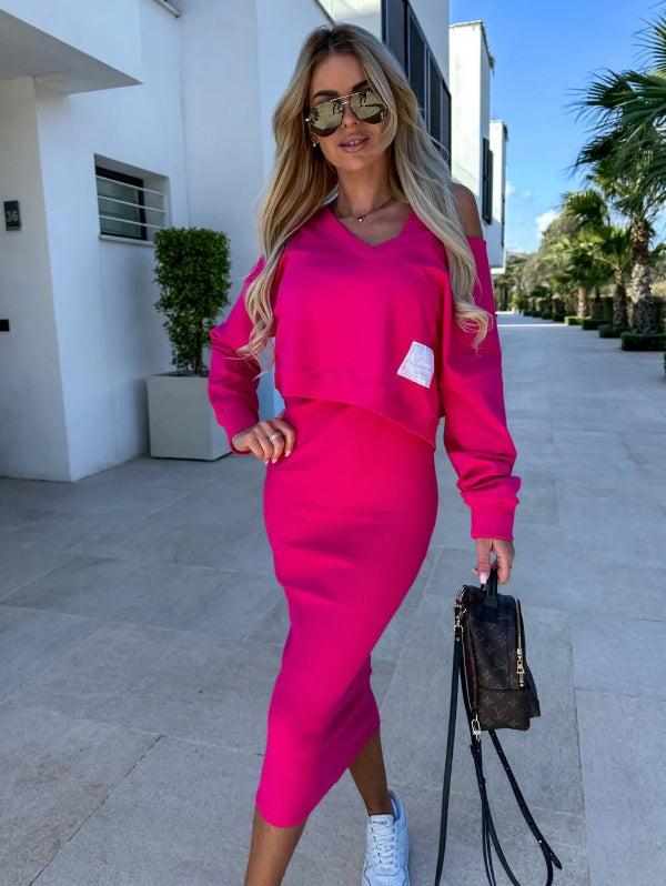 Fitted Women's Casual Dress Set Long Sleeve V Neck Midi