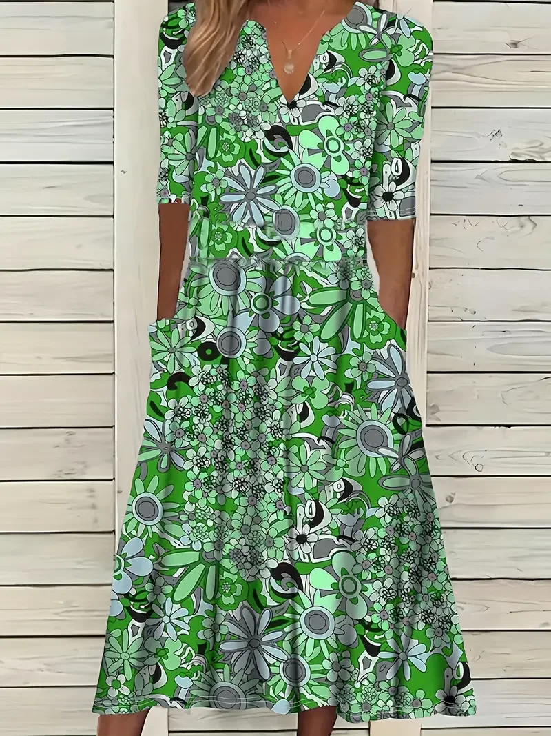 Comfortable Floral V-Neck Maxi Dress with Pockets - Nocini