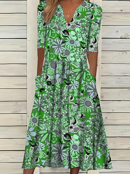 Comfortable Floral V-Neck Maxi Dress with Pockets - Nocini