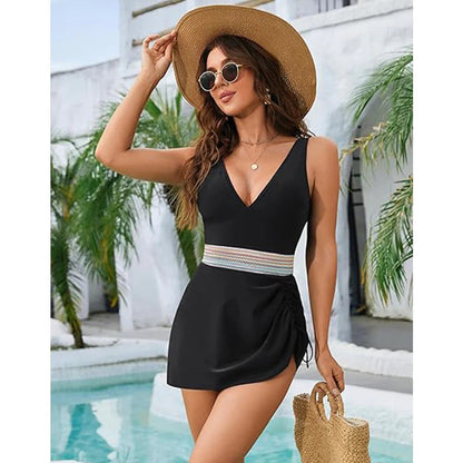 Elegant Women's Dress - V Neck - Ruffled Sides - Waist Belt - Nocini
