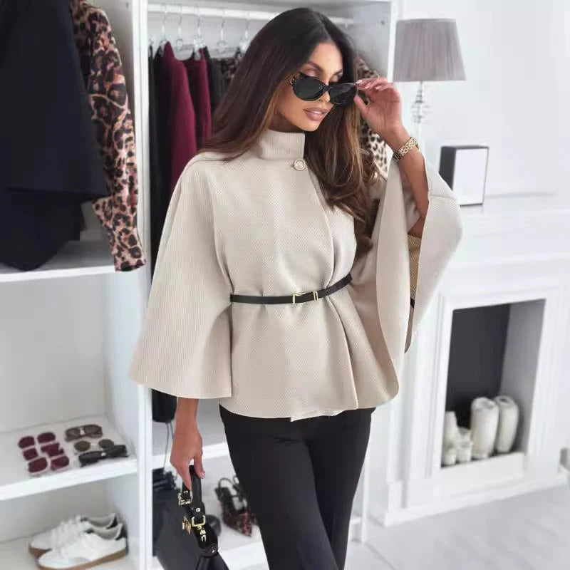 Relaxed Fit Women's Poncho Blouse with Belted Neck