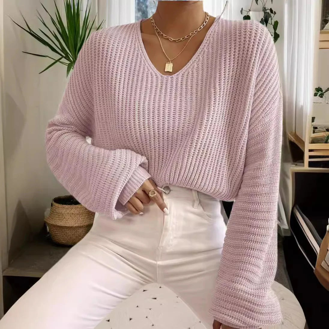 Soft Women's V-Neck Long Sleeve Sweater