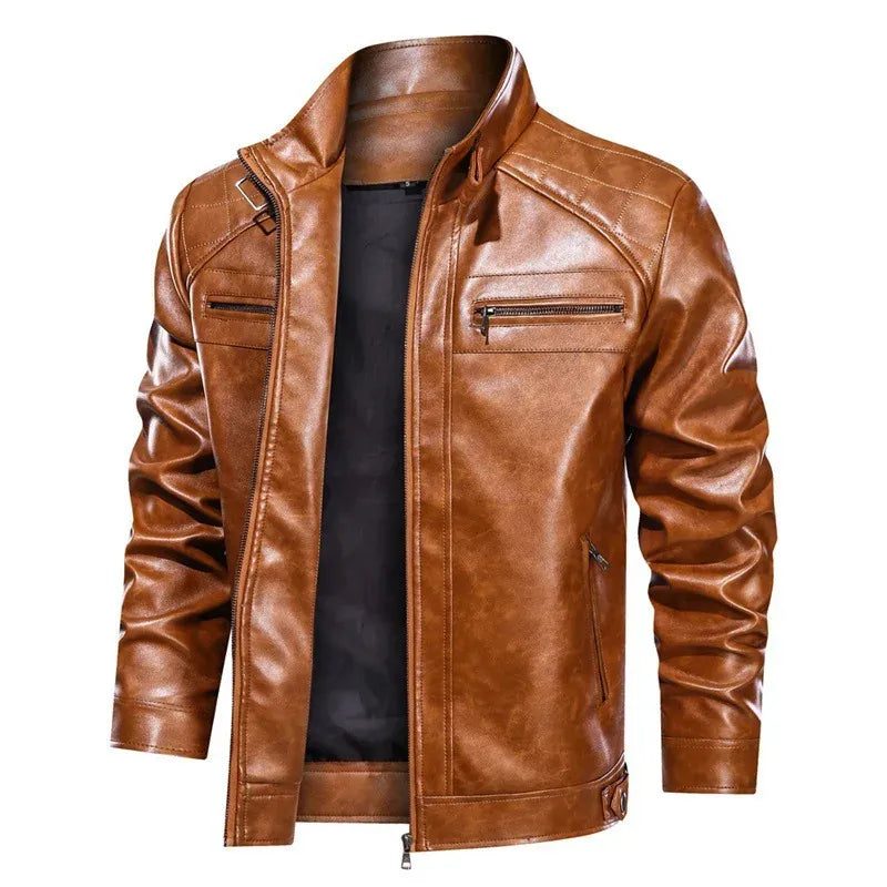 Men's Slim Fit Leather Biker Jacket with Zipper