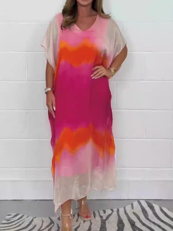 Women's Flowy V Neck Maxi Dress with Short Sleeves