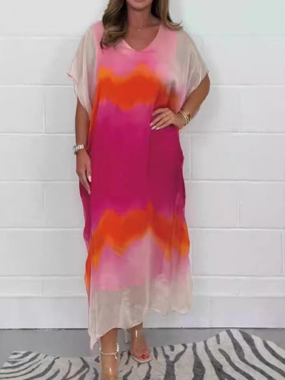 Women's Flowy V Neck Maxi Dress with Short Sleeves