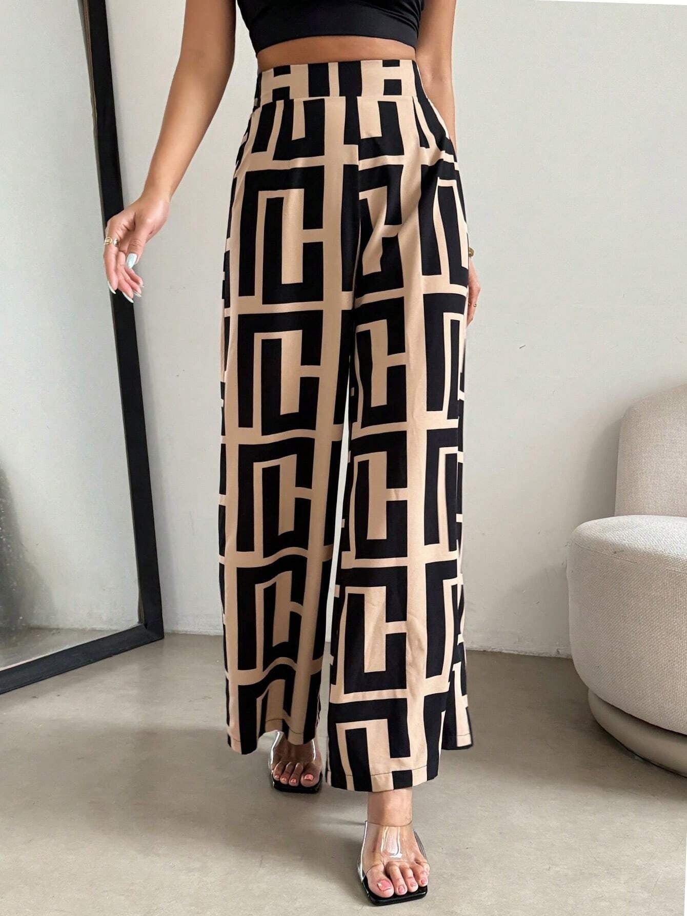 Comfortable High Waisted Wide Leg Pants Geometric Print - Nocini