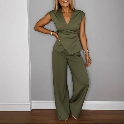 Women's Summer 2PC Outfit - Sleeveless V Top - High Waist Pants