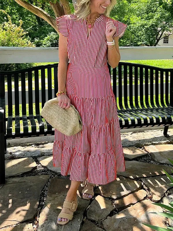 Casual Striped V-Neck Midi Dress for Women