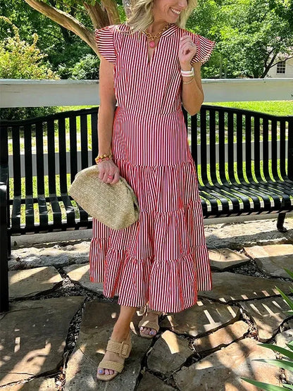 Casual Striped V-Neck Midi Dress for Women