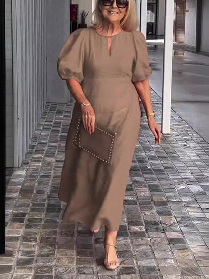Casual Fit Women's Midi Dress with Puff Sleeves