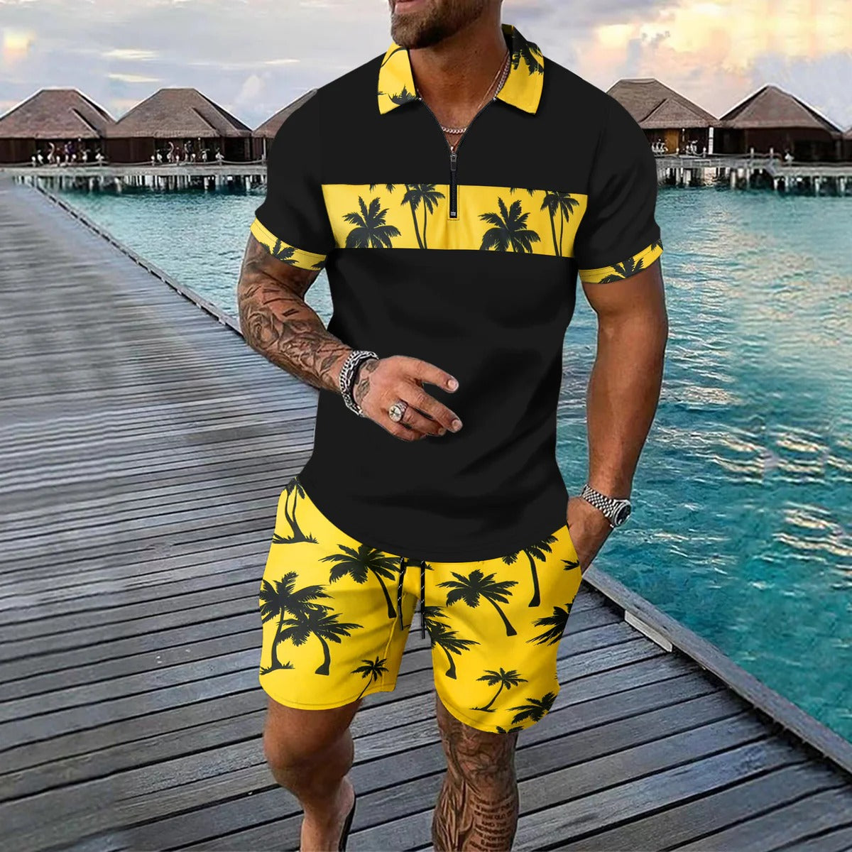 Men's Polo and Shorts Set – Classic Fit – Summer Print – Cool Breathable