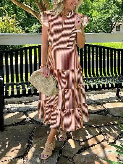 Casual Striped V-Neck Midi Dress for Women - Nocini