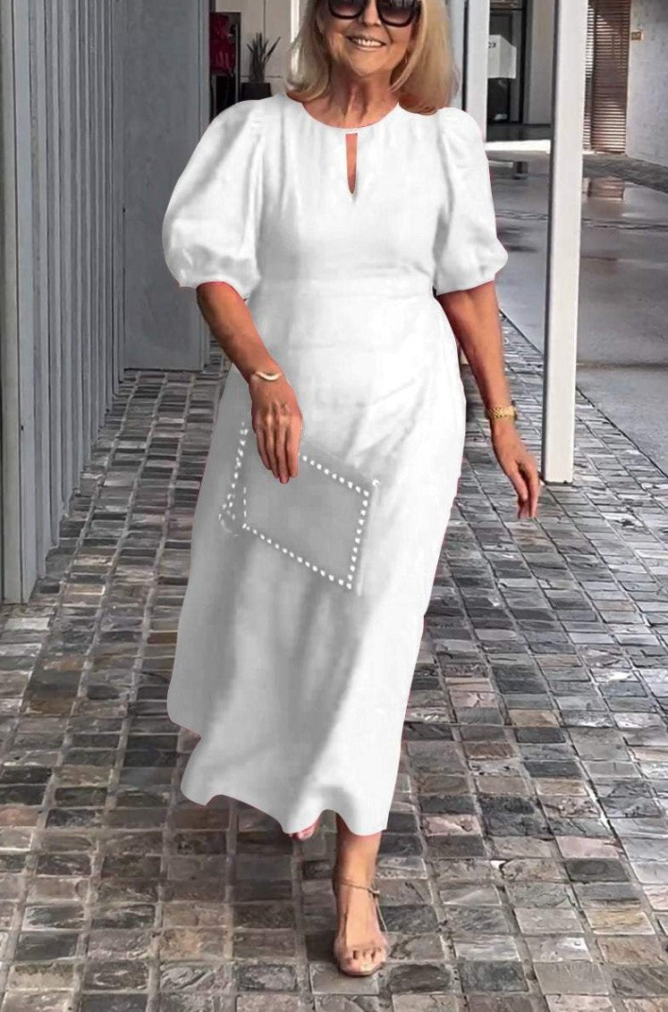 Casual Fit Women's Midi Dress with Puff Sleeves
