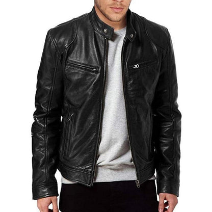 Men's Faux Leather Biker Jacket Slim Fit Zip Pockets - Nocini