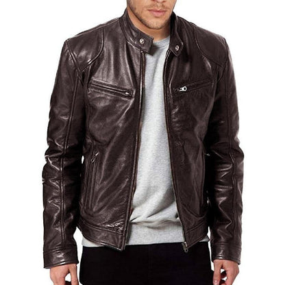 Men's Faux Leather Biker Jacket Slim Fit Zip Pockets