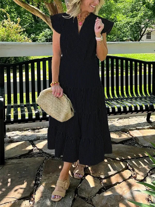 Casual Striped V-Neck Midi Dress for Women