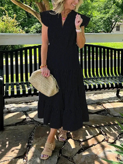 Casual Striped V-Neck Midi Dress for Women