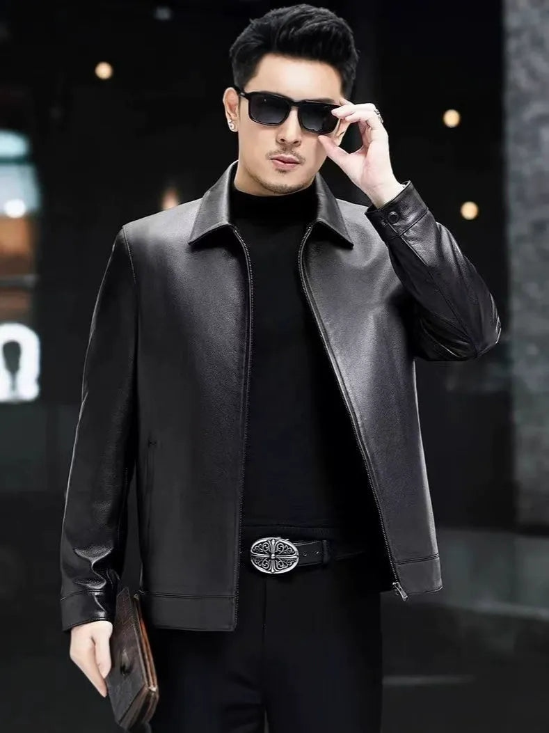 Slim Fit Mens Leather Biker Jacket Zip Up - Nocini