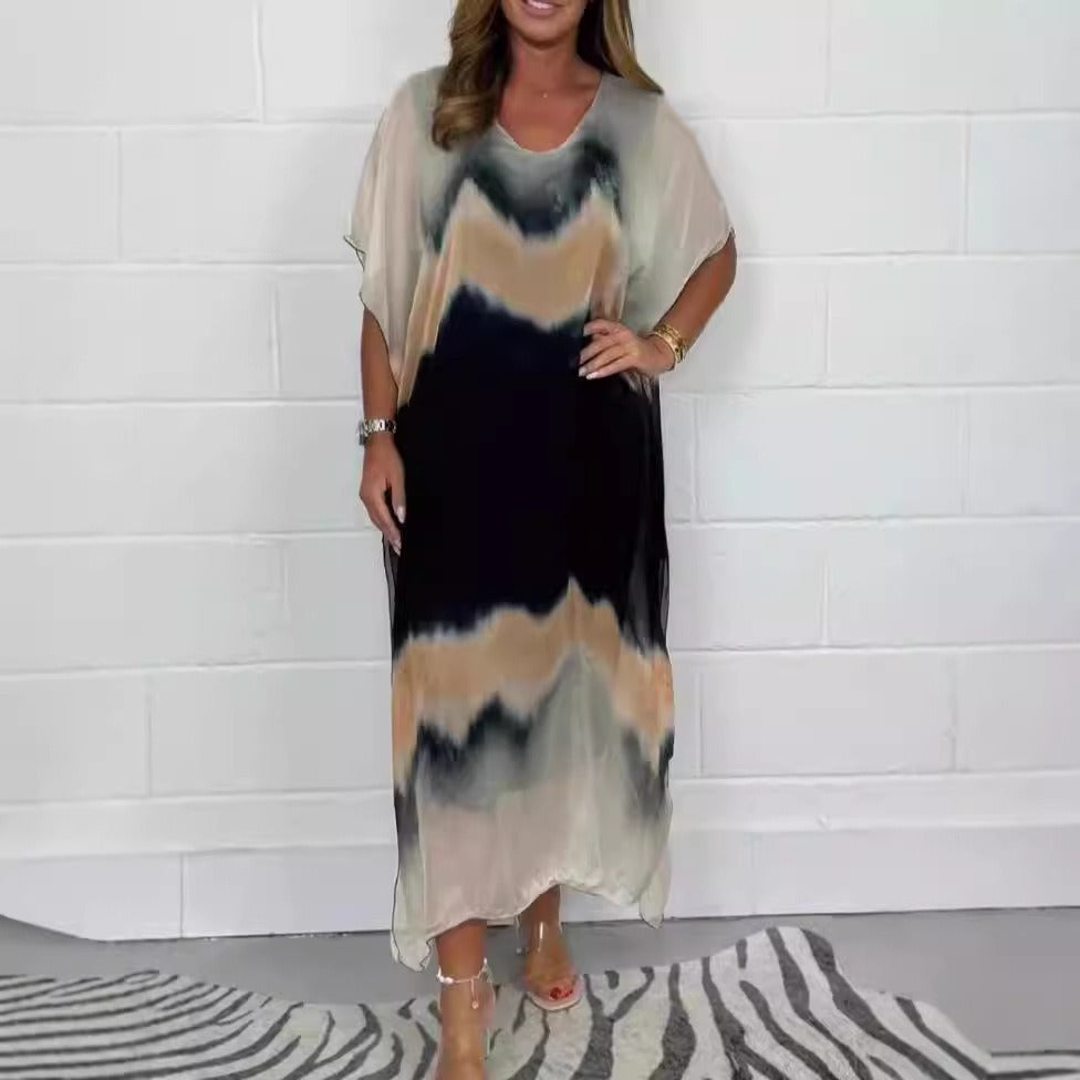Women's Flowy V Neck Maxi Dress with Short Sleeves - Nocini