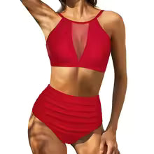 Women's High Waist Bikini Set with Lace Up Top