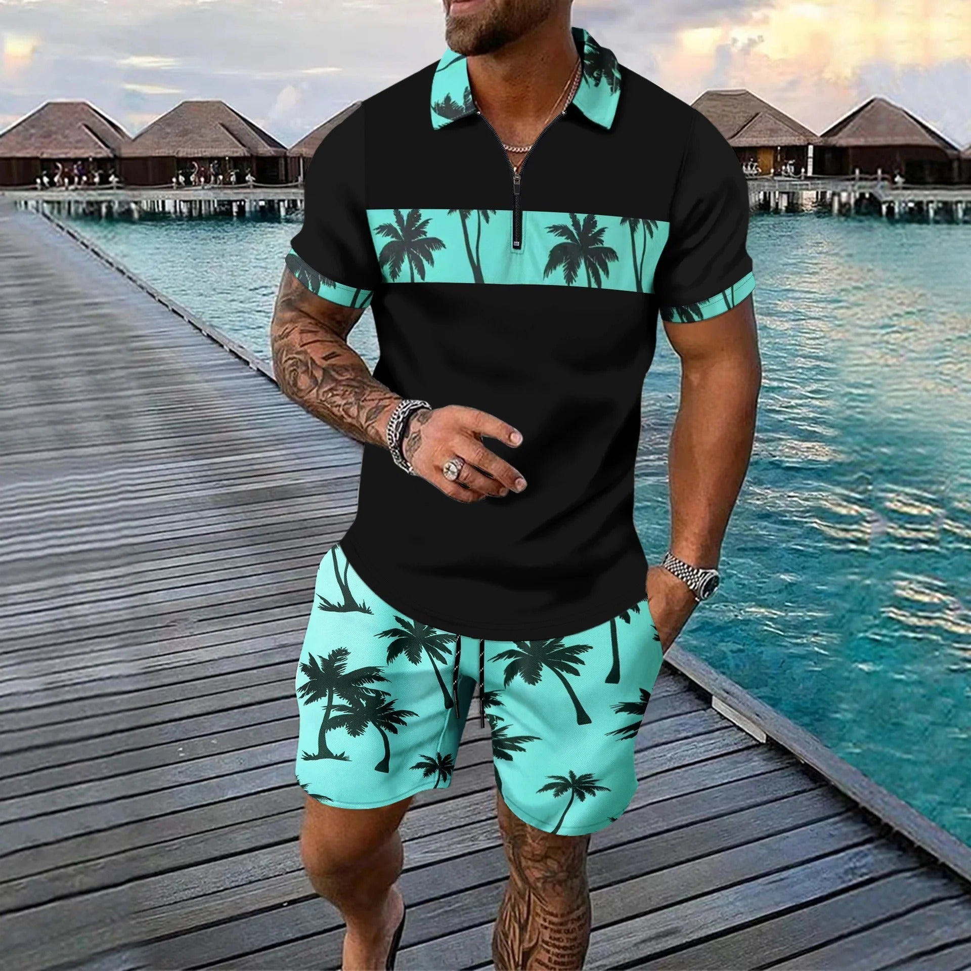 Men's Polo and Shorts Set – Classic Fit – Summer Print – Cool Breathable - Nocini