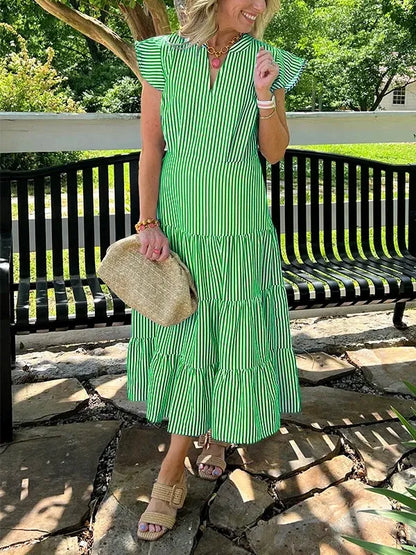 Casual Striped V-Neck Midi Dress for Women