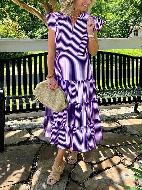 Casual Striped V-Neck Midi Dress for Women