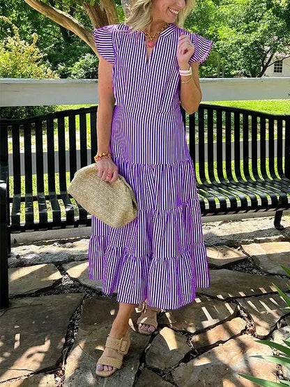 Casual Striped V-Neck Midi Dress for Women