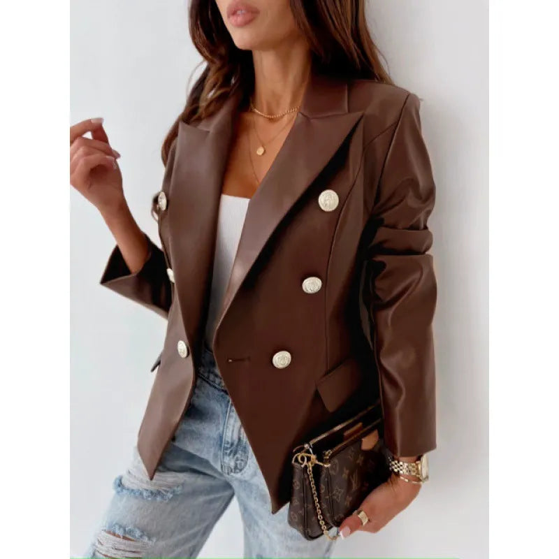 Women's Faux Leather Jacket - Fitted Double Breasted Coat