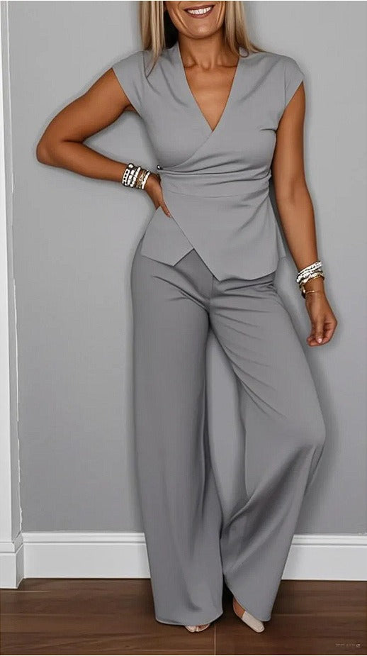 Women's Summer 2PC Outfit - Sleeveless V Top - High Waist Pants - Nocini