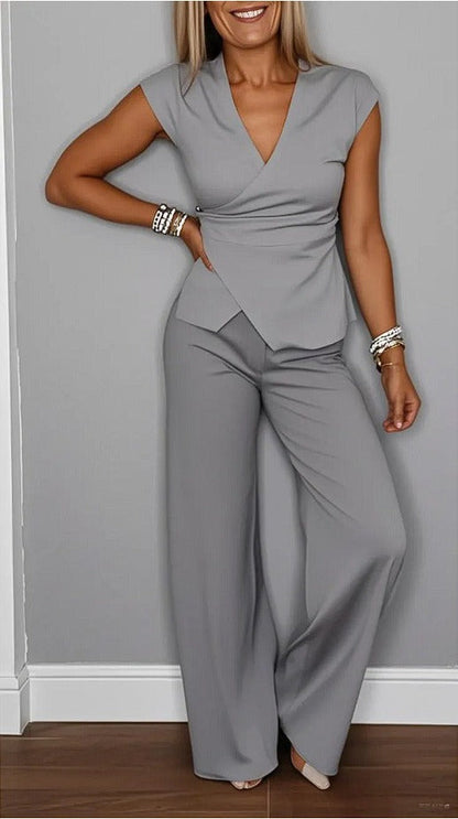 Women's Summer 2PC Outfit - Sleeveless V Top - High Waist Pants - Nocini