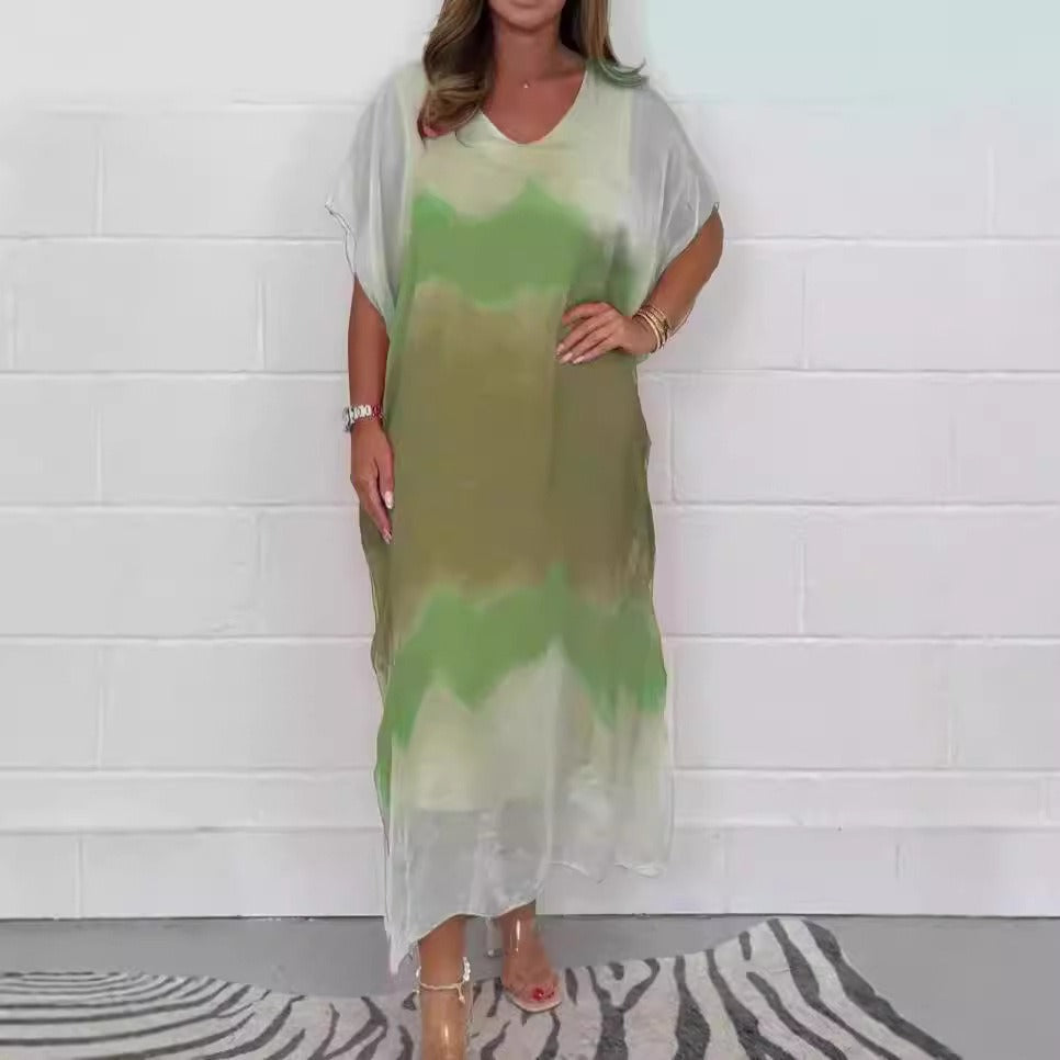 Women's Flowy V Neck Maxi Dress with Short Sleeves
