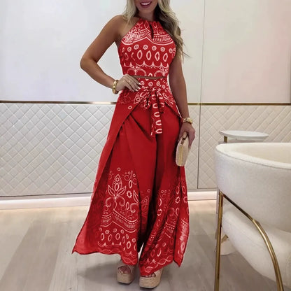 Vintage Print High Waist Crop Top and Wide Leg Pants Set