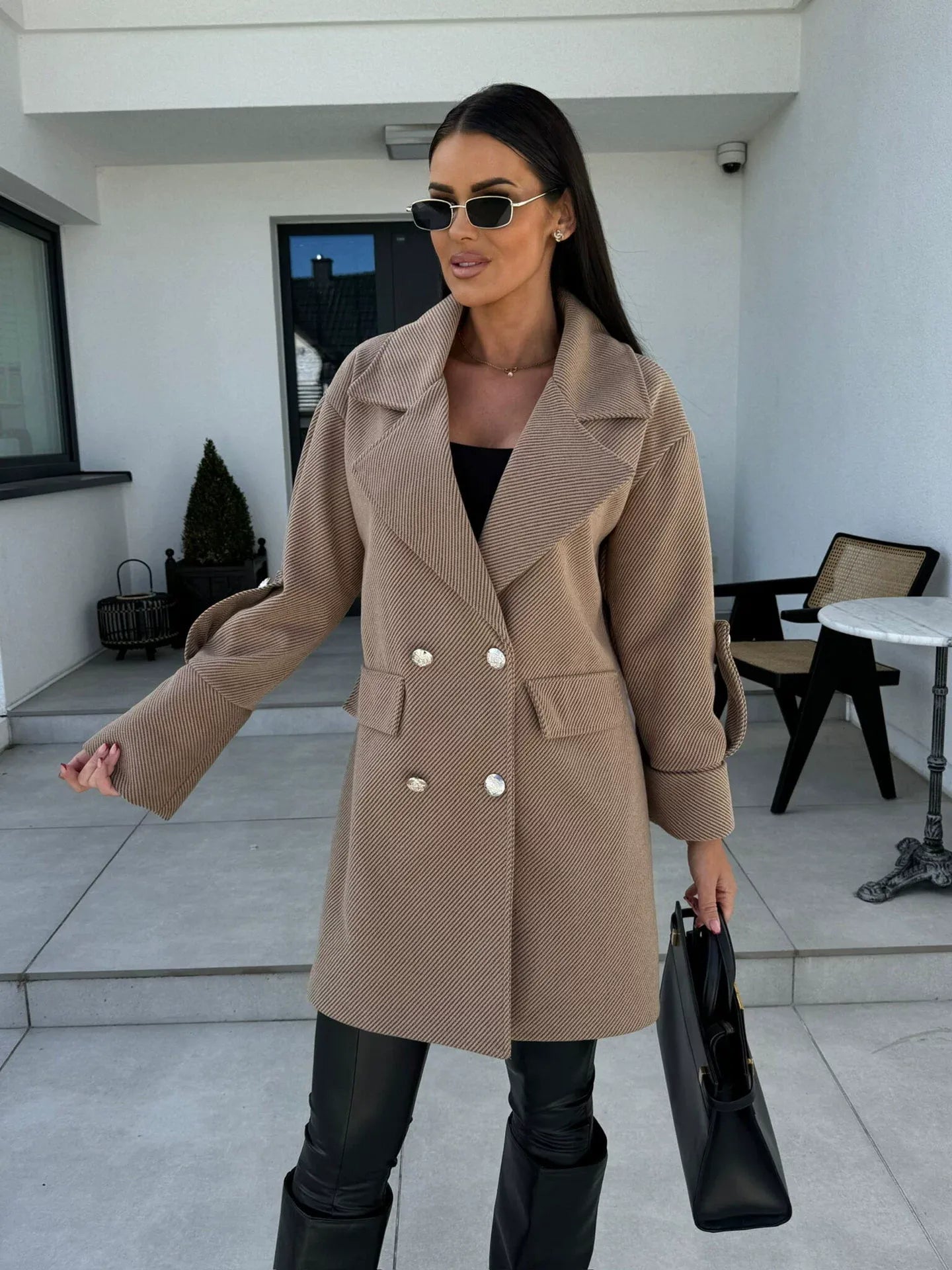 Classic Double Breasted Wool Knee Length Coat - Nocini