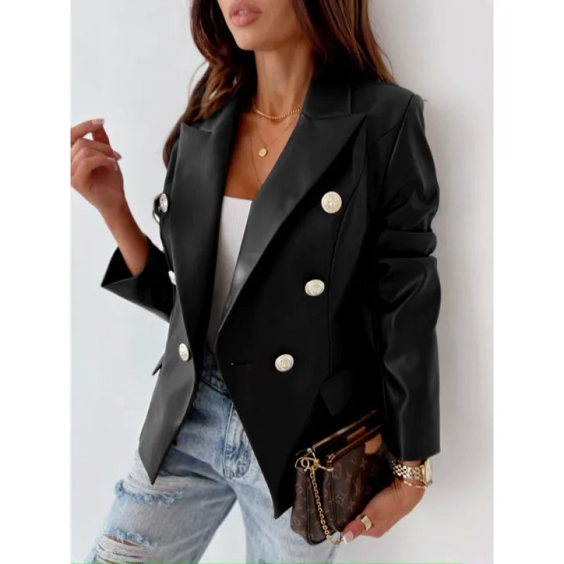 Women's Faux Leather Jacket - Fitted Double Breasted Coat - Nocini
