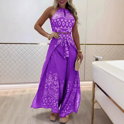 Vintage Print High Waist Crop Top and Wide Leg Pants Set